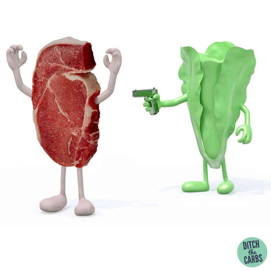 a lettuc cartoon shooting a steak cartoon